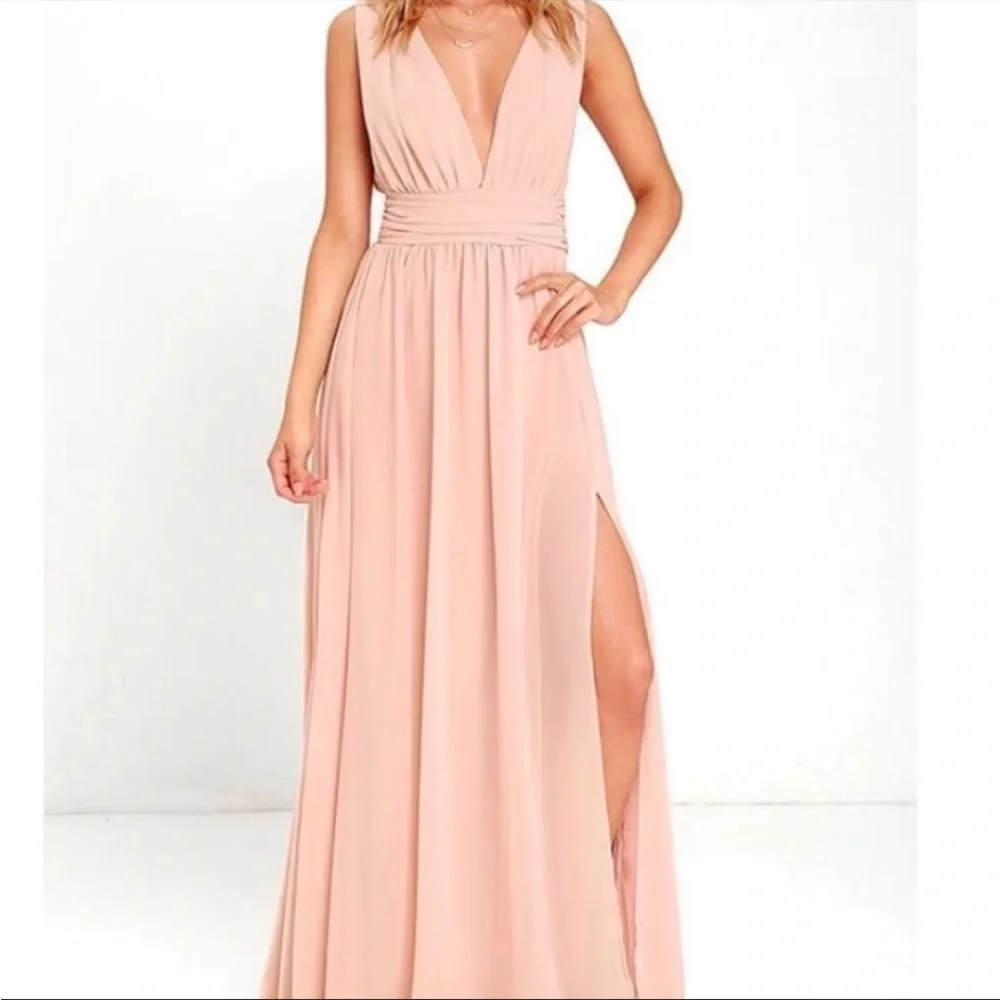 Lulu’s Deep V-Neck Blush Gown Maxi Prom Dress With Front Slit Grecian Goddess S - Picture 1 of 16